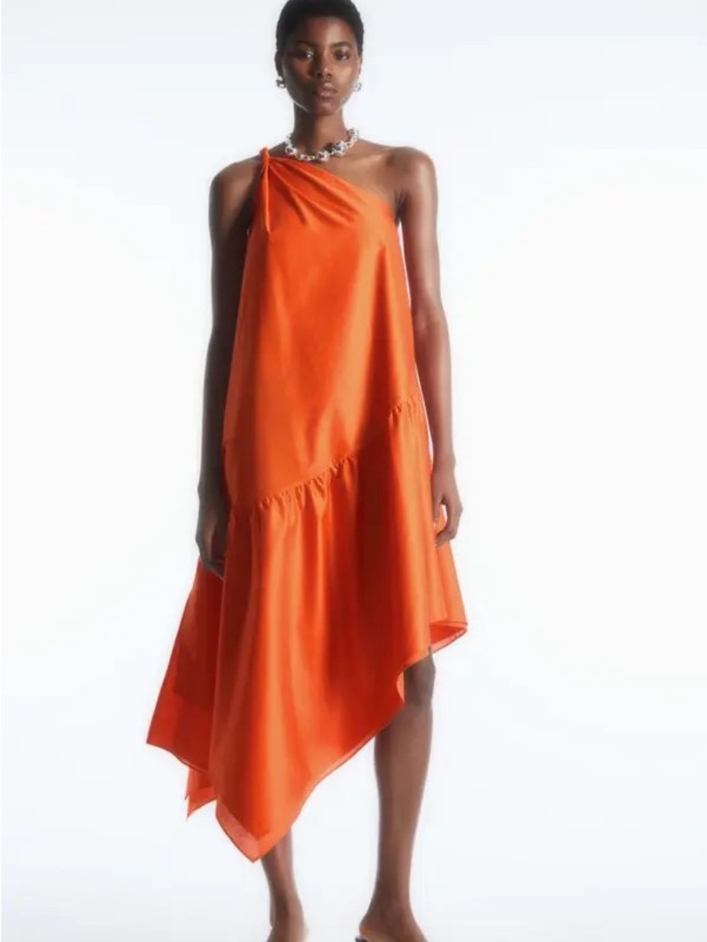 COS Women's Twisted Asymmetric Trapeze Dress in Orange Red One Shoulder